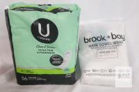 U by Kotex Clean & Secure Ultra Thin Heavy Pads 56ct, Brook + Bay White Hair Towel Wrap