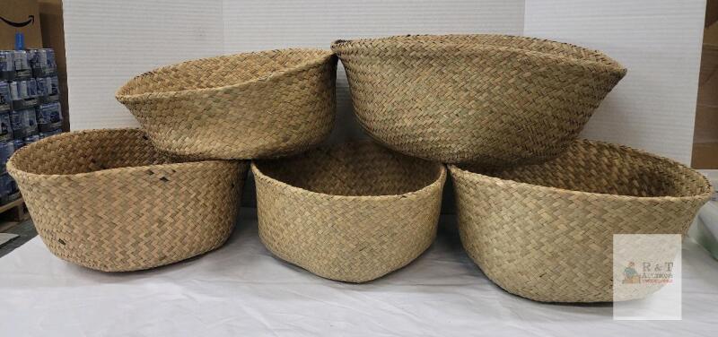 Seaforth Home Handwoven Seagrass Storage Baskets, Natural, Set of 5, Braided Handles