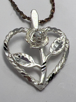 Vintage Sterling Silver Diamond cut carved Rose pendant 925 chain