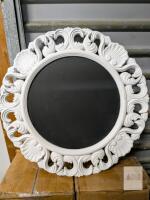 Ornate 32" Round White Wall Mirror, Resin Frame, Baroque Style, Decorative Scrollwork