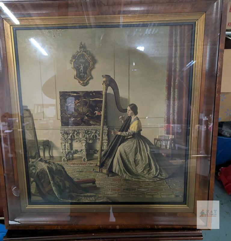 Lady with a Harp, Framed Chromolithograph Print 25.5" by 27" Victorian Style, Wood Gilt Frame