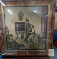 Lady with a Harp, Framed Chromolithograph Print 25.5" by 27" Victorian Style, Wood Gilt Frame