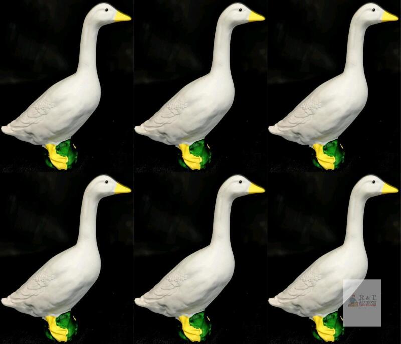 NEW 6 Ceramic Goose Figurines, White with Yellow Bill & Feet, Mixed Freestanding Status, 8" Tall