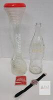 Coca-Cola Collectibles Lot: Watch, Patch, 16 oz Glass Bottle & 15" Tall Novelty Yard Cup