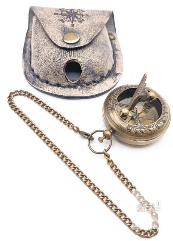 New Pocket Watch-Style Compass / Sundial Antique Finish Brass with Chain & Leather Belt Pouch. Compass measures 1 ⅞" diameter