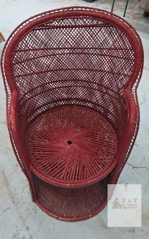 Red Wicker Peacock Chair, 43" Tall, Classic Fan Back, Boho Decor, Intricate Woven Rattan