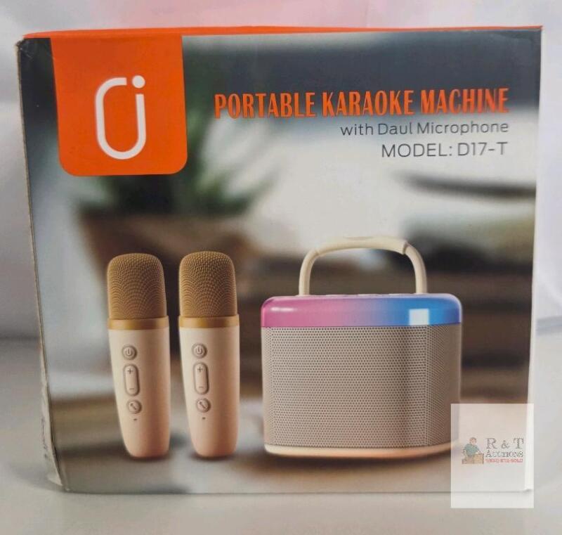 new D17-T Portable Karaoke Machine, Dual Wireless Microphones, Dual Speakers, Subwoofer, 6 Light Modes
