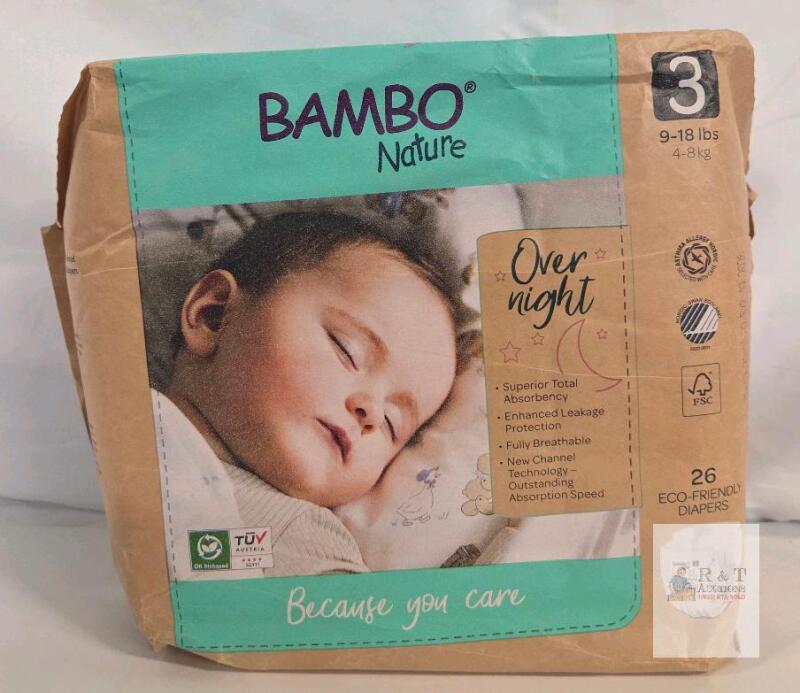 Bambo Nature Overnight Eco-Friendly Diapers, Size 3, 9-18 lbs, 26 Ct, Superior Absorbency