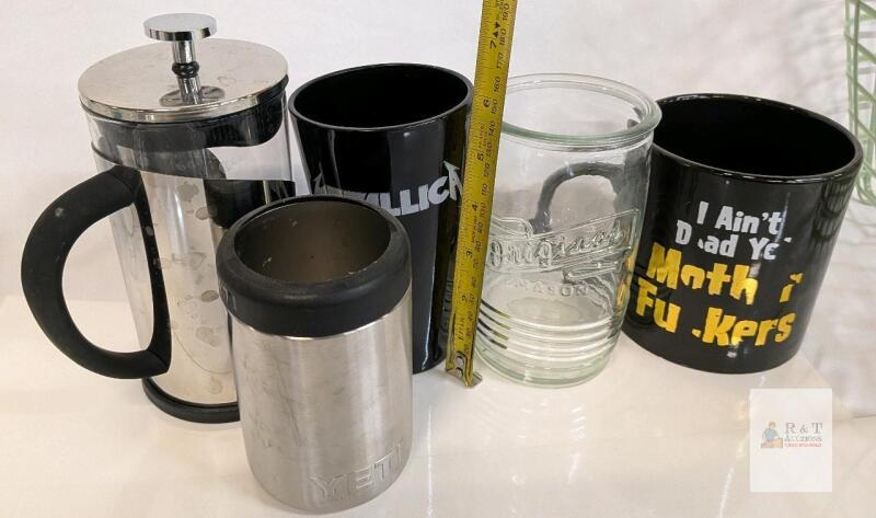 Mason Glass & Novelty Mug Drinkware Lot Metallica Mug, YETI Colster, French Press,