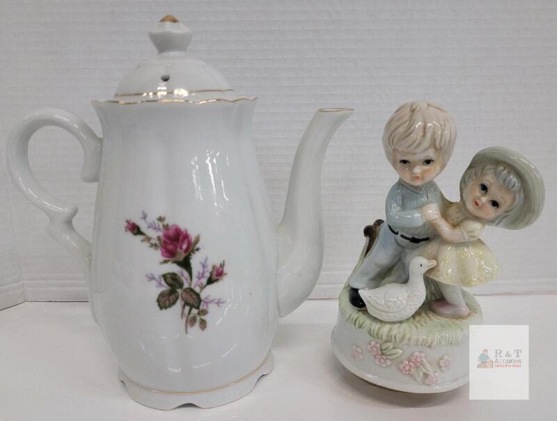 Vintage Porcelain Music Box &ndash; Boy & Girl Dancing with Goose, 6.25 in, Wind-up Figurine
