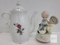 Vintage Porcelain Music Box &ndash; Boy & Girl Dancing with Goose, 6.25 in, Wind-up Figurine