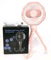 New Pink Mini Fan With Flexible Octopus Tripod for Car Seat, Student Bed, Bike - USB Rechargeable, Desk Fan for Office, Baby Room or Outdoor