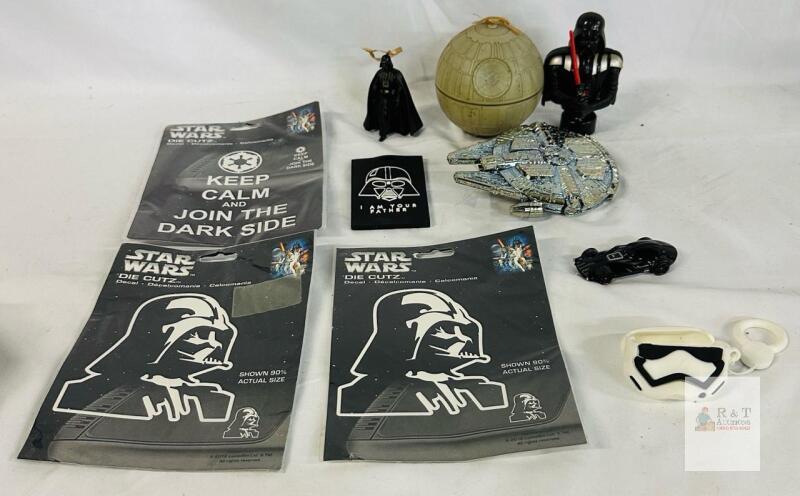 Star Wars Collectible Lot: Die Cutz Vader Decals, Ornaments, Hot Wheels Car, Patch, AirPods Case