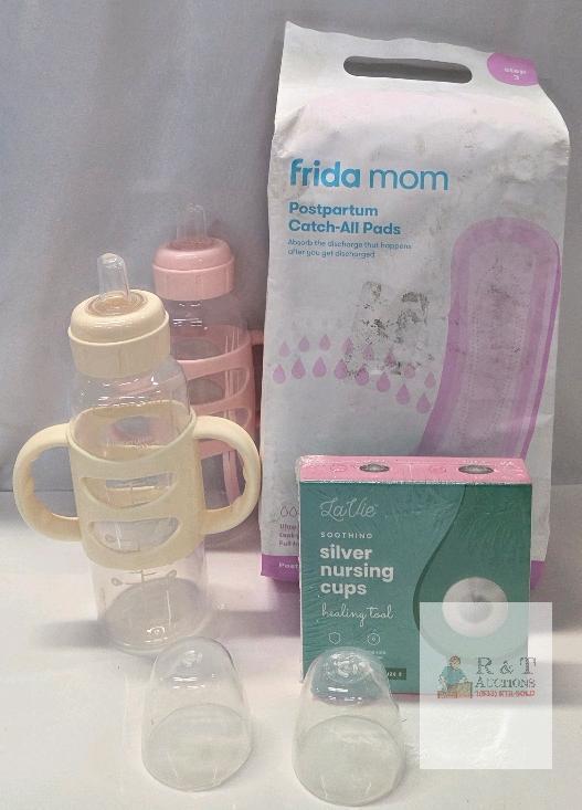 NEW LaVie Silver Nursing Cups Size 2, Frida Mom Postpartum Catch-All Pads, Baby Bottles, Complete Set