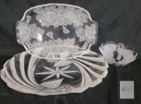 Set of 3 Clear Pressed Glass Serving Bowls &ndash; Floral Etched, Ornate Rims, 13.5", 12", 6"