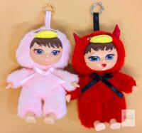 Pair of 7 Inch Plush Keychain Dolls &ndash; Pink Chick and Red Devil Costumes, Plastic Head, Soft Fabric