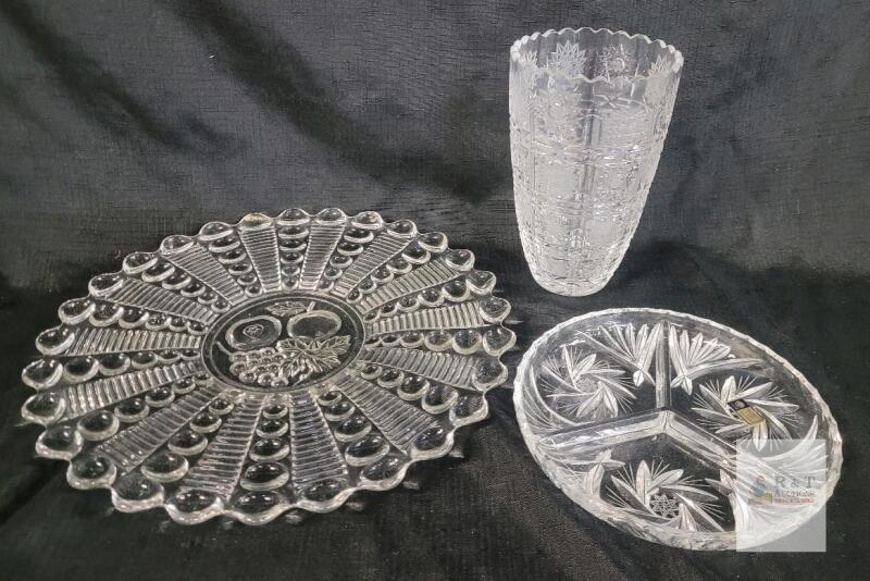 Vintage Cut Glass Tableware Set &ndash; 13" Serving Plate, 8" Divided Dish, 7.5" Vase, Clear
