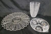 Vintage Cut Glass Tableware Set &ndash; 13" Serving Plate, 8" Divided Dish, 7.5" Vase, Clear