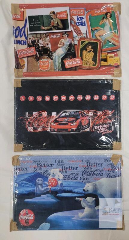 Set of 3 Coca-Cola Tin Picture Plaques &ndash; Polar Bears, NASCAR, Vintage Ads, 12"x8" Collectible Signs