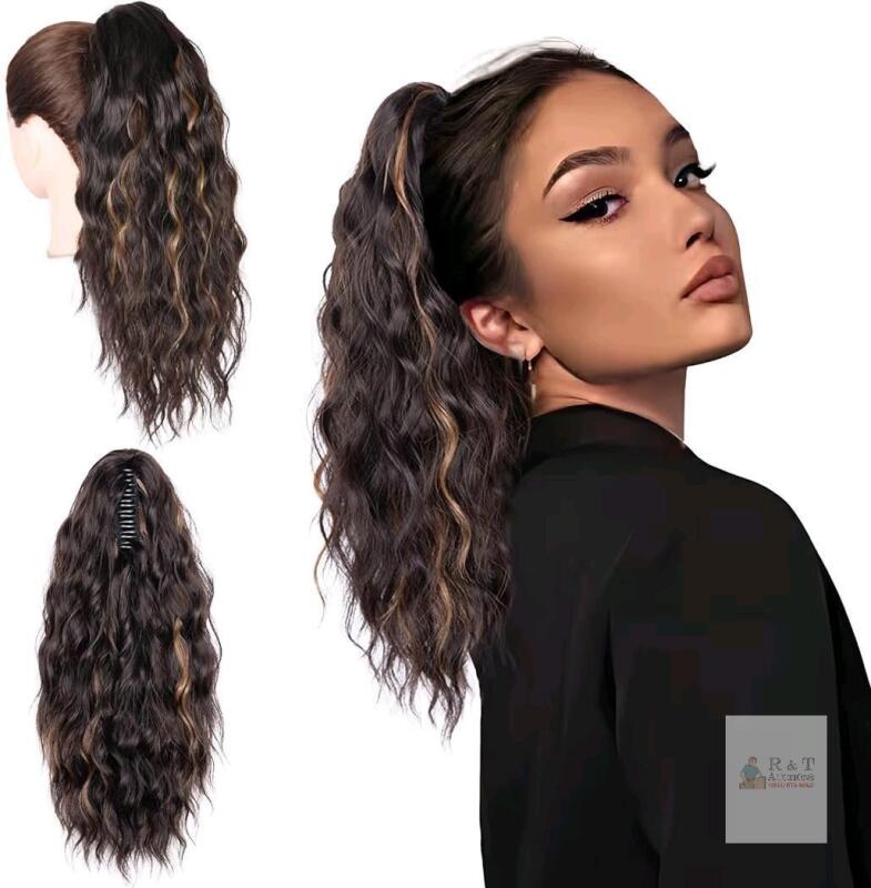 NEW 18 inch Highlight Ponytail Extension, Multi Layered Clip on Ponytails for Women, Thick Wavy Claw Clip Ponytail Extension, Synthetic Hair Pieces for Women (Color:Black Brown Highlighted Caramel Blonde)
