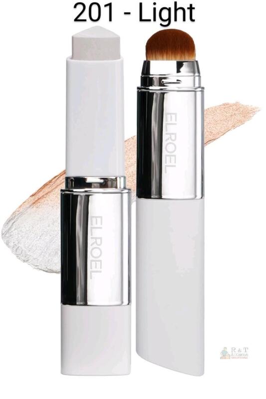 ELROEL Blanc Cover Cream Stick V White - Korean Color-Changing Foundation Stick with Volufiline - Medium to Full Coverage Dewy Finish Base Makeup - Dual-Ended with Detachable Brush (201 Light)