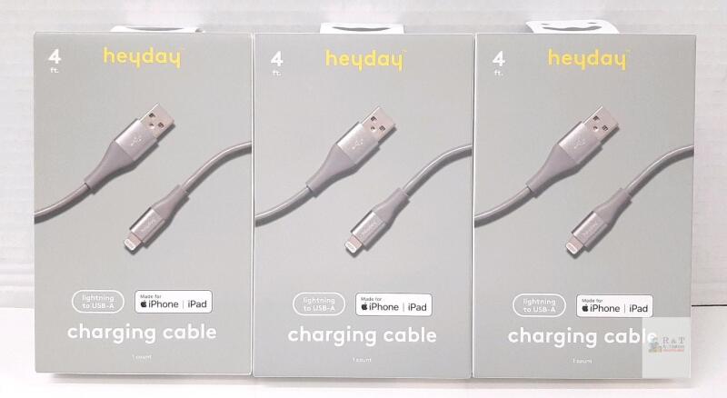 3 new Heyday 4 ft Lightning to USB-A Charging Cable, MFi Certified for iPhone & iPad, Gray, UPC 850044241729