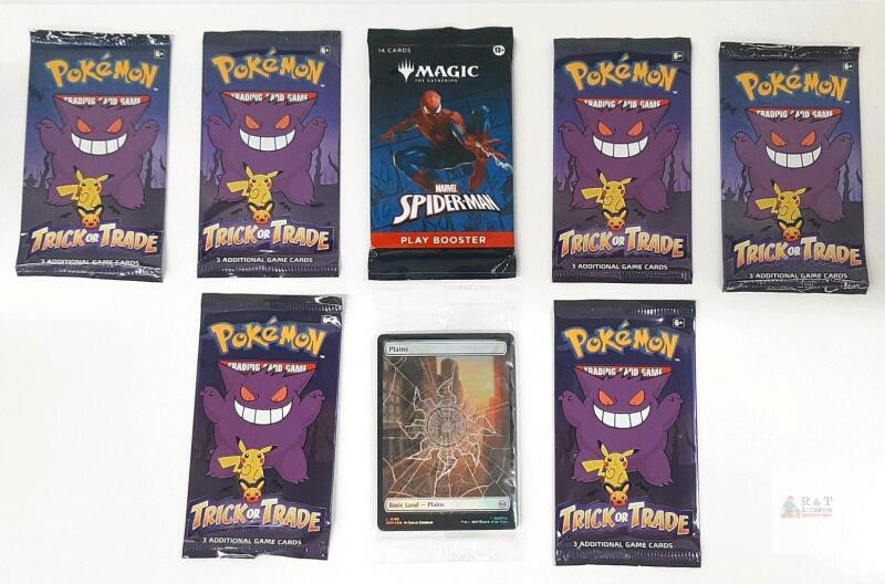 MTG Marvel Spider-Man Play Booster, 6 Pok&eacute;mon Trick or Trade Packs, Foil Plains Land