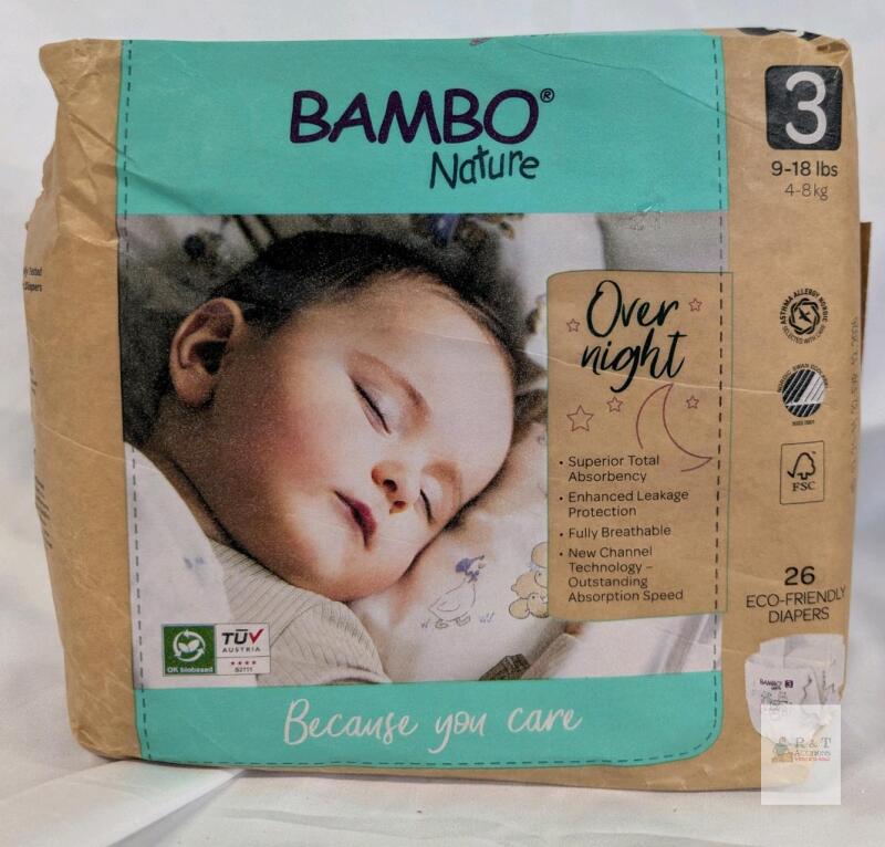 Bambo Nature Overnight Eco-Friendly Diapers Size 3, 9-18 lbs, 26 Count, Hypoallergenic, Denmark Exp 12.2026 - Bag has some damage but contents appear full<br/>