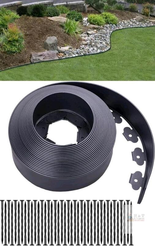 New Landscape Edging，55FT Garden Edging with 120 Spikes for Lawn 4 Inch Tall (55FT, Black)