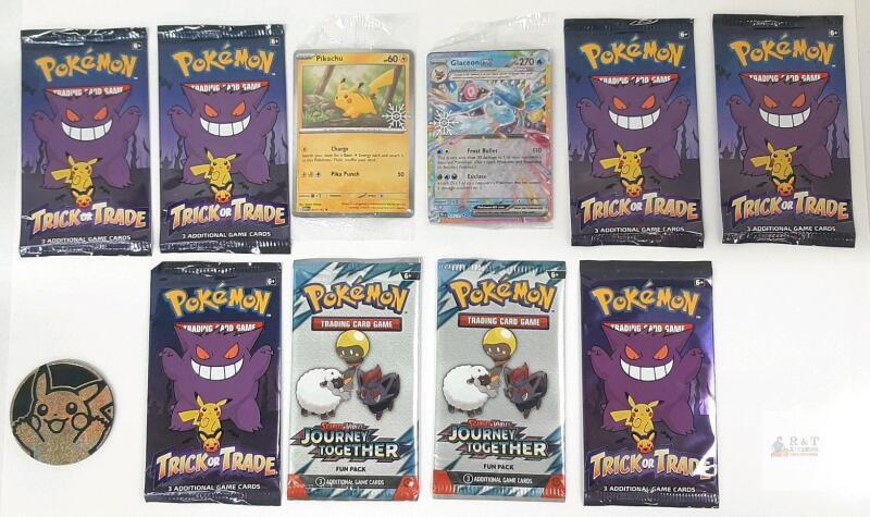 Pok&eacute;mon Trick or Trade & Journey Together Pack Lot, Pikachu Coin, Glaceon ex, Sleeved Pikachu