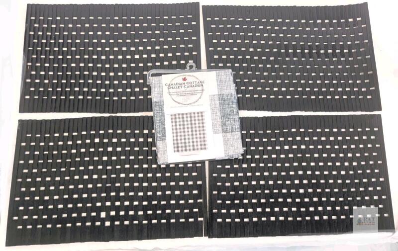 4 Wood Tile Placemats & New Canadian Cottage Plaid Printed Linen Textured Shower Curtain, 70" &times; 72"