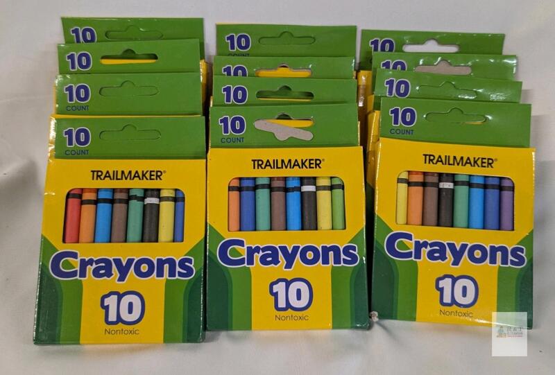 Trailmaker Crayons 10 Count Boxes, Nontoxic, 12 Packs, Assorted Colors, UPC 089305576892