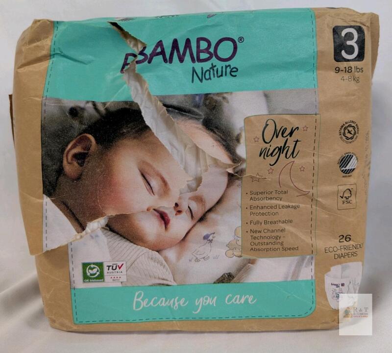 Bambo Nature Overnight Diapers Size 3, 9-18 lbs, 26 Eco-Friendly, Hypoallergenic, Denmark Made Exp 12-2026, Bag Ripped But Contents Appear Full