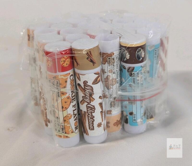 Holiday Christmas-Themed Lip Balm Lot, 25 Tubes, Cookie, Candy Cane, Cinnamon, Chocolate Flavors, 0.16 oz Each, Shrink-Wrapped