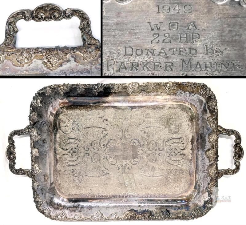 Vintage Silver Plated Butler Serving Tray With Grape Clusters & Vine Detail, Engraved " 1949 W. O. A. 22 HP Donated By Parker Marine" 20" Long