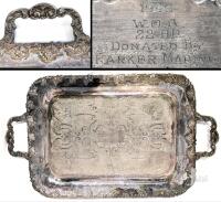 Vintage Silver Plated Butler Serving Tray With Grape Clusters & Vine Detail, Engraved " 1949 W. O. A. 22 HP Donated By Parker Marine" 20" Long