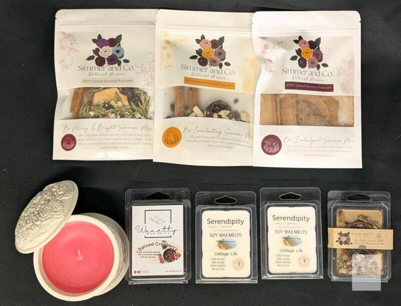 3 New Bags Simner and Co Stovetop Potpourri, 4 Packs Wax Melts & Claire Burke Scented Candle 8n Ceramic Vessel