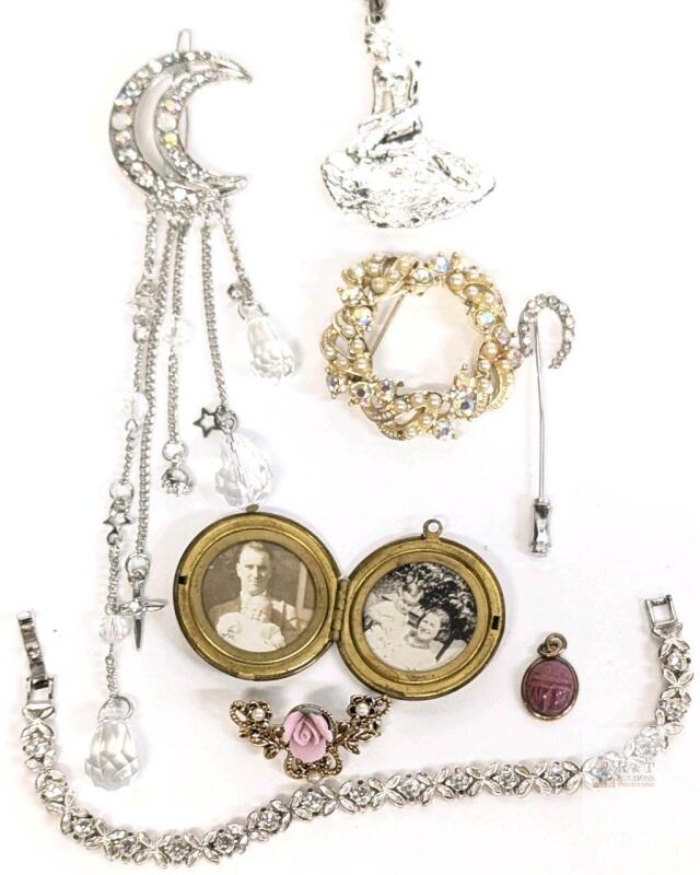 Jewelry Treasures: Vintage Egyptian Revival Scarab Pendant/Charm, Double Portrait Locket, AB Rhinestone Wreath Brooch & Rose Brooch, Fantasy Moon Hair Pin, Line Bracelet, Horseshoe Pin & Mermaid Necklace
