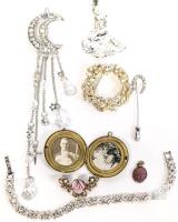 Jewelry Treasures: Vintage Egyptian Revival Scarab Pendant/Charm, Double Portrait Locket, AB Rhinestone Wreath Brooch & Rose Brooch, Fantasy Moon Hair Pin, Line Bracelet, Horseshoe Pin & Mermaid Necklace