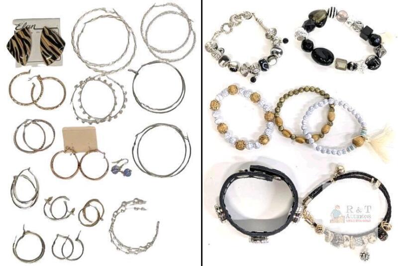 16 Pairs Earrings for Pierced Ears, Up To 3.25" Diameter + 7 Brackets Incl Charm-Style Bracelets Up To 13" Long