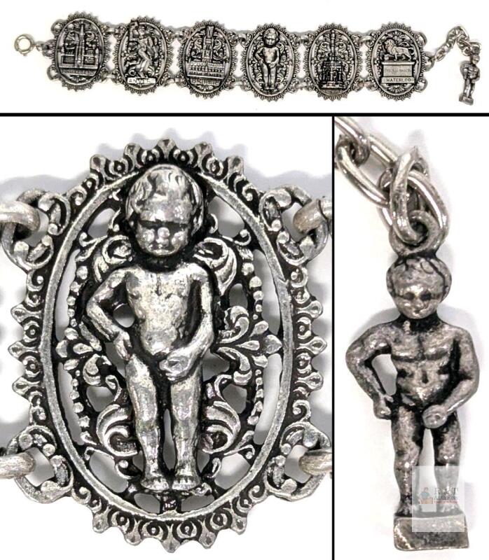 Vintage Belgium Souvenir Bracelet, 6 Panels, Features Manneken Pis (Little Peeing Man) on Panel & on Extension Chain, 10" Long