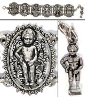 Vintage Belgium Souvenir Bracelet, 6 Panels, Features Manneken Pis (Little Peeing Man) on Panel & on Extension Chain, 10" Long