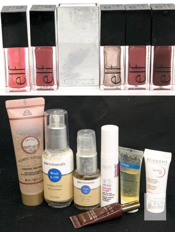 Assorted E.L.F. Lip Oils, Clinique Shadow Duo 03 Morning Java, Purminerals Serums + Samples