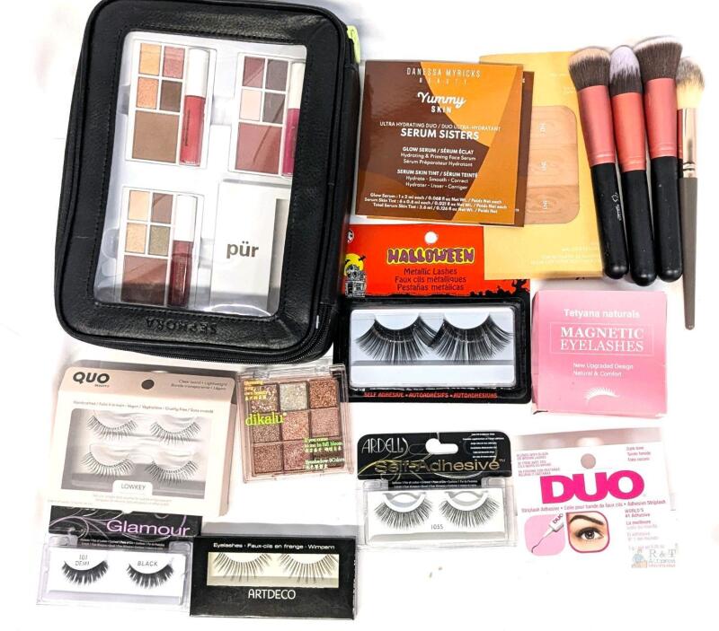 Assorted False Eyelashes, Makeup Samples, Makeup Brushes, Eyeshadow Purminerals Eyeshadows+ in Zippered Sephora Case