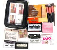 Assorted False Eyelashes, Makeup Samples, Makeup Brushes, Eyeshadow Purminerals Eyeshadows+ in Zippered Sephora Case