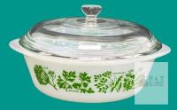 Vintage Glasbake Green Garden Herbs 8.75" Casserole Dish Milk Glass
