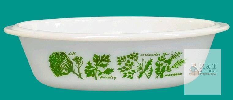 Vintage Glasbake Green Garden Herbs 10" Divided Casserole Dish Milk Glass
