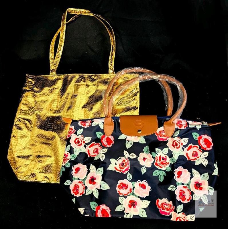 2 New Elizabeth Grant Tote Bags : Golden Snakeskin & Floral Roses