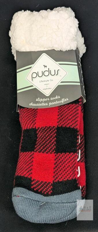 New O/S Unisex PUDUS Slipper Socks, Red Plaid / High Density Faux Fur Plush Lining With Gripper Soles