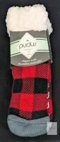 New O/S Unisex PUDUS Slipper Socks, Red Plaid / High Density Faux Fur Plush Lining With Gripper Soles